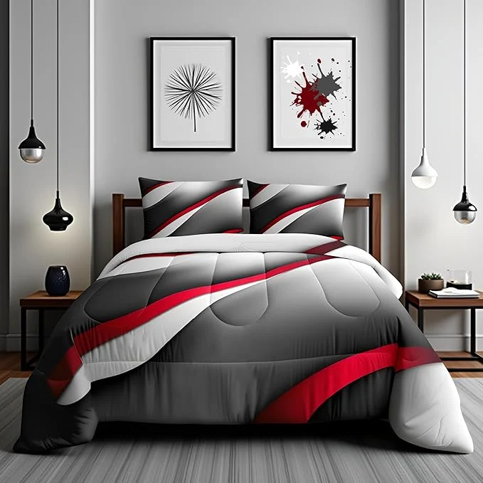 Efficient Castle Fairy Modern Gray Red Black Comforter Set King Size Abstract Stripes Quilt Set 3pcs for Kids Youth Men Women Bedroom Decor 3D Stripes Bedding Set Gradient Simple Duvet Insert 2 Pillowcases Official