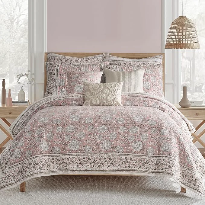 Next-Generation Levtex Home Adare Blush Reversible King Cal King Quilt Set 106x92in with 2 Pillow Shams 36x20in – Floral Bedding – Blush White – Cotton King Size Quilt Bedding Set – Lightweight Soft Dependable