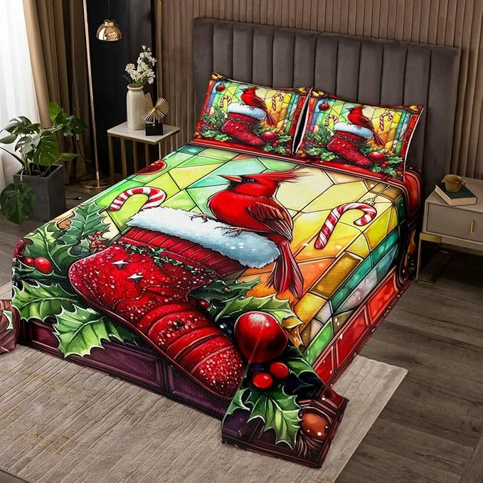 Trendy Merry Christmas Kids Bedspread King Size Redbird Candy Christmas Stocking Happy New Year Coverlet Set Boys Girls Room Decor Leaves Geometric Quilted Coverlet Red Xmas Bedding Quilt 2 Pillowcases Reusable
