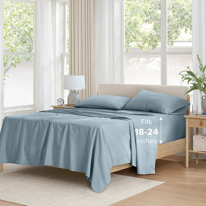 Quality Comfort Spaces Extra Deep Pocket Cotton King Fits up to 24 quot Mattress Breathable Naturally Cool Soft All Seasons Sheet Set Blue 4 Piece Fine