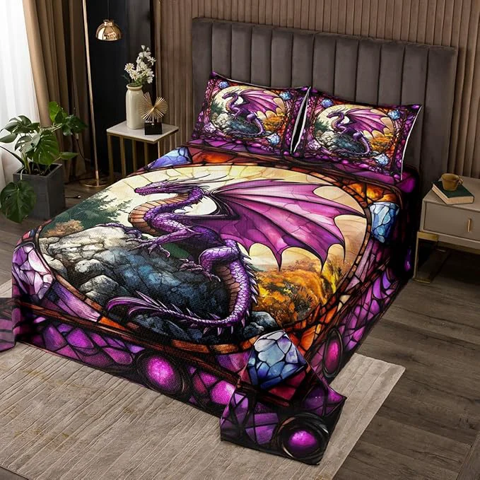 Traditional Manfei Western Dragon Kids Bedspread Twin Size Purple Dragon Pine Trees Natural Coverlet Set Boys Girls Room Decor Glass Painting Geometric Quilted Coverlet Unique Fashion Bedding Quilt 1 Pillowcase Functional