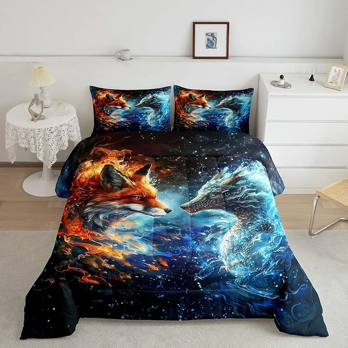 Next-Generation Fox and Dragon Bedding Set Full Size 3D Flaming Ice Collision Comforter Set Western al Style Animals Down Comforter for Kids Boys Girls Teens Room Decor Galaxy Universe Quilt Duvet Insert 3Pcs High-Performance