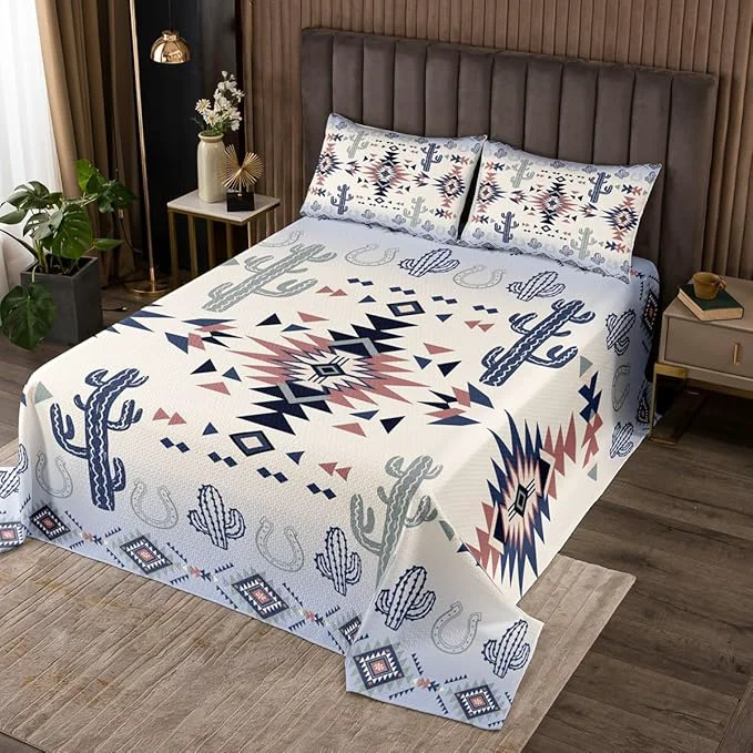 Classic Manfei Geometric Aztec Bedspread Twin Size Horseshoe Cactus Western Cowboy Cowgirl Coverlet Set Boys Girls Room Decor Arrow Native Tribal Quilted Coverlet Bohemia Retro Bedding Quilt 1 Pillowcase Elegant