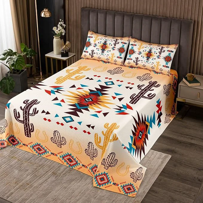 Detailed Manfei Geometric Aztec Arrow Kids Bedspread Queen Size Western Cowboy Horseshoe Cactus Coverlet Set Boys Girls Room Decor Native Tribal Ethnic Quilted Coverlet Rustic Bedding Quilt 2 Pillowcases Efficient