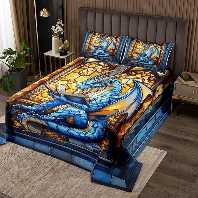 Durable Western Dragon Kids Bedspread Twin Size Blue Dragon Reading Book Bookshelf Coverlet Set Boys Girls Room Decor Geometric Patchwork Abstract Quilted Coverlet Trippy Chic Bedding Quilt 1 Pillowcase Quality