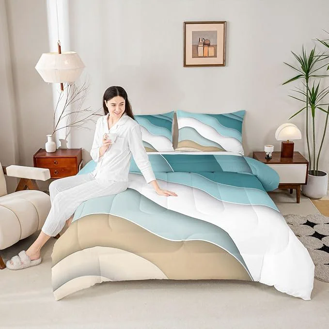 Carefully Designed Abstract Ombre Comforter Set Ocean Waves Bedding Set Decor Blue Sea and Beach Quilt Set Tropical Summer Contemporary Duvet Insert Teens Kids Adults Room Decor 3pcs Full Size Durable