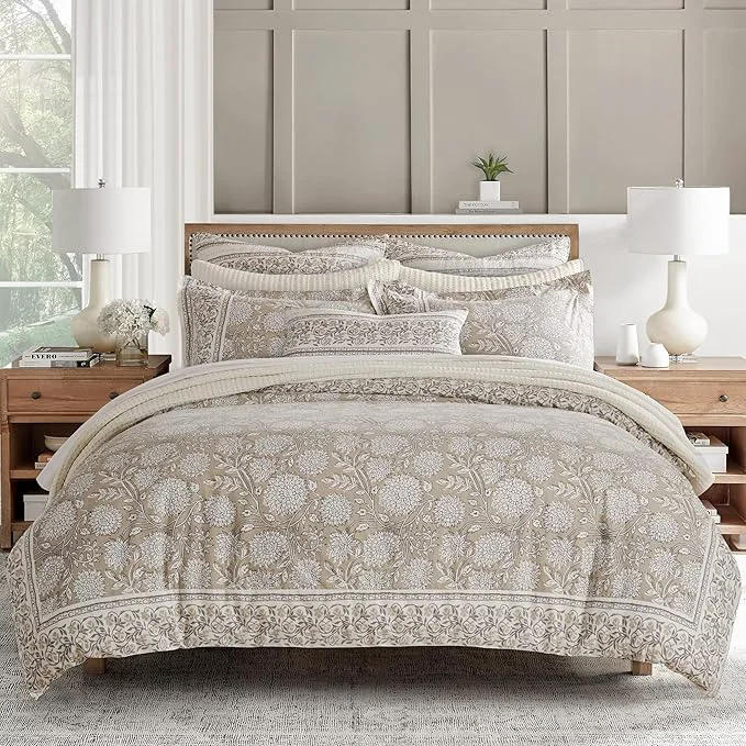Quality Levtex Home Adare Taupe Reversible Queen Duvet Cover Set 90x94in with 2 Pillowcases 26x20in – Floral Bedding – Taupe and White – Cotton Queen Size Duvet Cover Set – Soft Pre-Washed Smooth