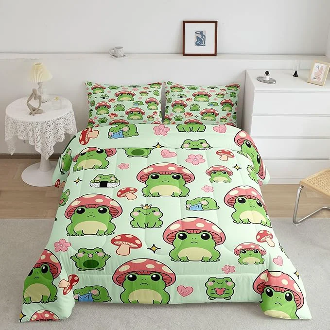 Selected Mushroom Frog Bedding Set Full Size Cute Mushroom Comforter Set 3pcs for Kids Girls Boys Bedroom Decor Cartoon Animals Plants Quilt Set Pink Green Duvet Insert 2 Pillowcases Functional