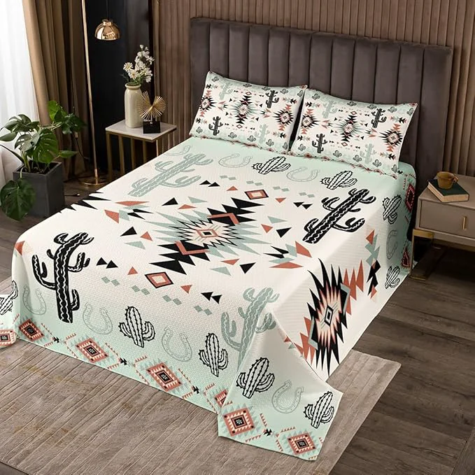 Genuine Manfei Geometric Aztec Kid Bedspread Twin Size Horseshoe Cactus Western Cowboy Coverlet Set Boys Girls Room Decor Southwest Rustic Lodge Quilted Coverlet Farmhouse Vintage Bedding Quilt 1 Pillowcase Powerful