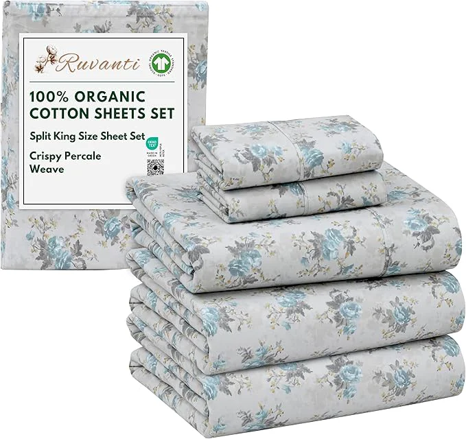 Official RUVANTI Organic Cotton Sheets Split King Percale Weave GOTS 5-Piece Set Deep Pocket 15 quot Crisp amp Breathable Soft Durable Bedding Sábanas Algodón Orgánico – Blue Rose Secure