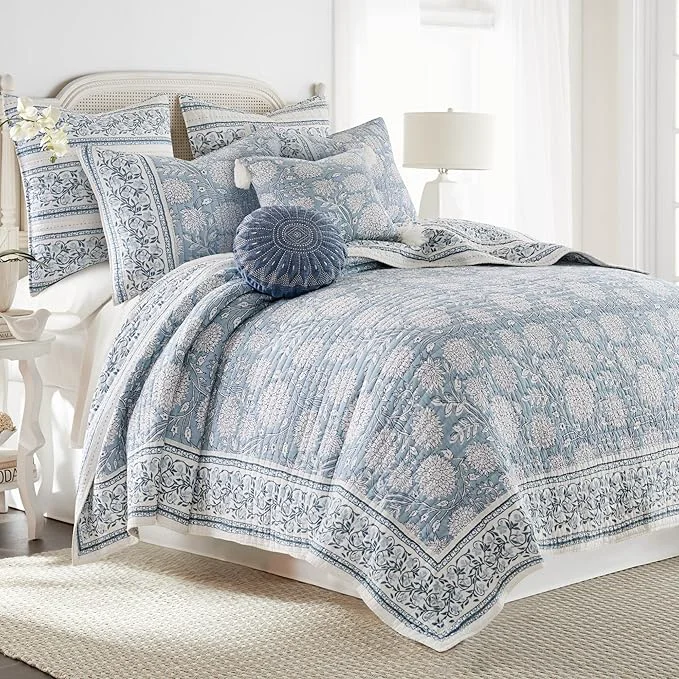 Specialty Levtex Home Adare Blue Reversible King Cal King Quilt Set 106x92in with 2 Pillow Shams 36x20in – Floral Bedding – Blue White – Cotton King Size Quilt Bedding Set – Lightweight Soft Pre-Washed Original