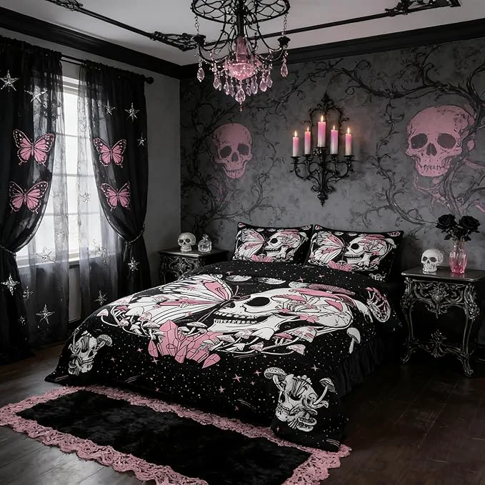 Dependable Butterfly Skull Comforter Set Twin Size Pink Mushroom Quilted Duvet Gothic Starry Galaxy Moon Bedding Set 2pcs for Kids Teens Girls Boys Bedroom Decor Trippy Plants Duvet Insert 1 Pillowcase Eco-Friendly