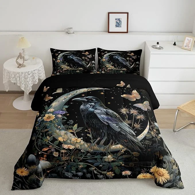Genuine Black Crow Comforter Set Queen Size Moon Daisy Flower and Butterfly Bedding Set Kids Girls Boys Teens Room Decor Halloween Theme Animals Plants Quilt Set Boho Trippy Duvet Insert 2 Pillowcases… Breathable