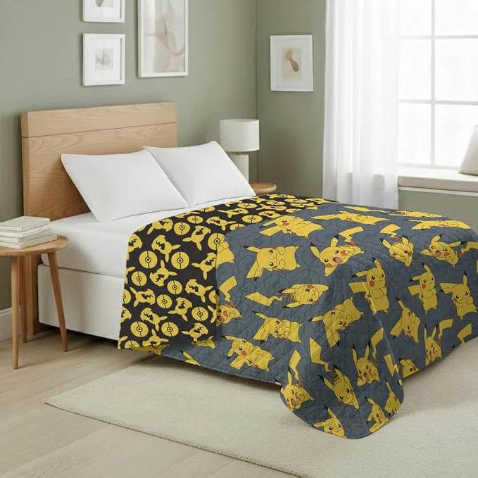 Convenient Northwest Pokemon Company Reversible Full Queen Quilted Blanket – Pikachu amp Pokeball Pattern for Anime Fans Cozy Blanket for Bed Game Room or Couch 90×90 inches Premium