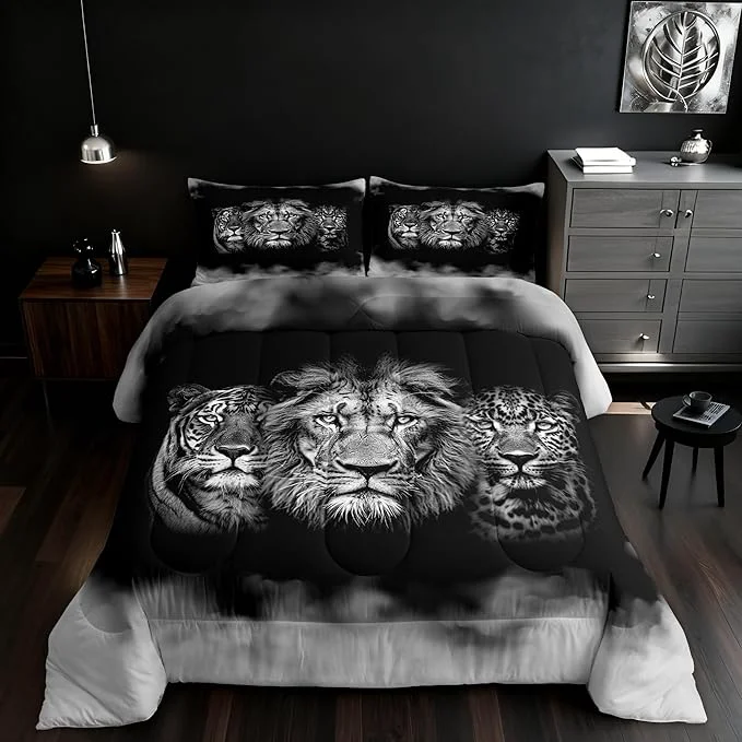 Easy-to-Use Wild Animals Comforter Set Full Size Tiger Lion Leopard 3D Bedding Set 3pcs for Kids Boys Men Home Room Decor Black White Smog Down Comforter Modern Microfiber Quilted Duvet with 2 Pillowcases Sophisticated