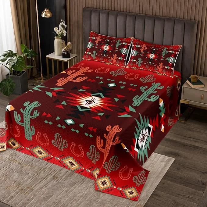 Durable Geometric Aztec Bedspread Queen Size Western Cowboy Cactus Horseshoe Rustic Coverlet Set Boys Girls Room Decor Southwest Tribal Cabin Quilted Coverlet Farmhouse Retro Bedding Quilt 2 Pillowcases High-Performance