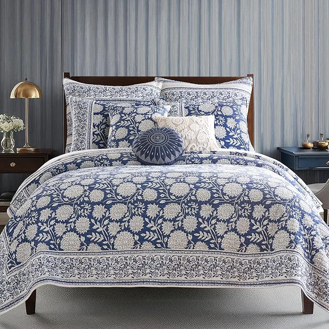 Minimalist Levtex Home Adare Denim Reversible Full Queen Quilt Set 88x92in with 2 Pillow Shams 26x20in – Floral Bedding – Blue White – Cotton Full Queen Size Quilt Bedding Set – Lightweight Soft Pre-Washed Quality