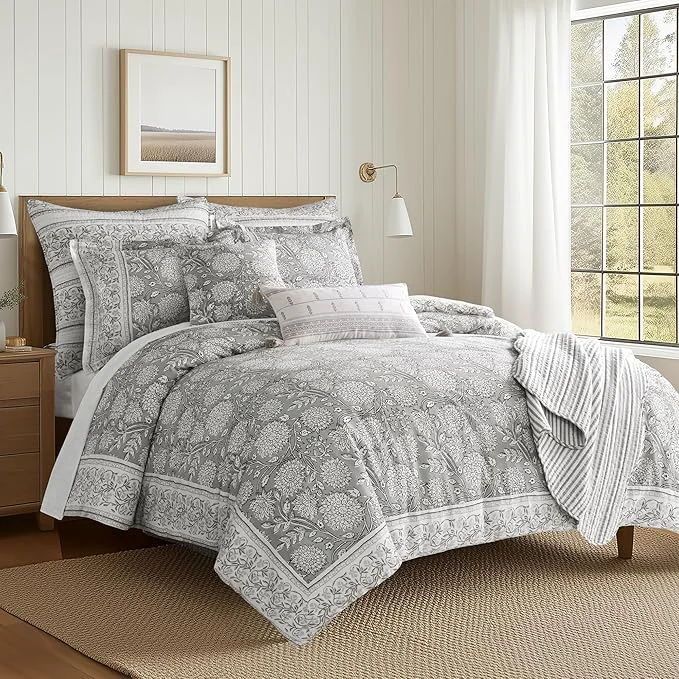 Top-Quality Levtex Home Adare Grey Reversible King Cal King Comforter Set 106x94in with 2 Pillowcases 36x20in – Floral Bedding – Grey and White – Cotton King Size Comforter Set – Soft Pre-Washed Lightweight