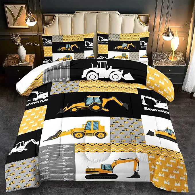 Certified Construction Comforter Set Twin Boys Yellow Twin Construction Bedding Set Engineering Vehicles Comforter Yellow Bedroom Decor Kids Truck Quilt Cartoon Truck Bedding for Teen Modern