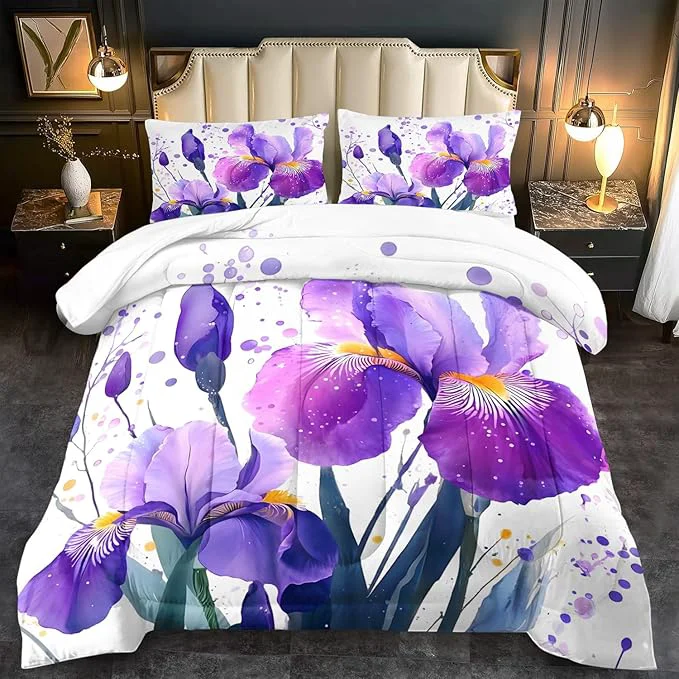 Reliable Purple Floral Comforter Set Queen Size Woman Purple Iris Comforter for Girls Pink Flower Bedding Set Queen Bedroom Decor Floral Bedding Quilt Bed Decor Pink for Kids and Adults High-Performance