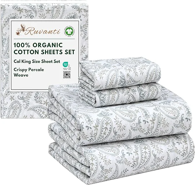 RUVANTI Organic Cotton Sheets California King Percale Weave GOTS 4-Piece Set Deep Pocket 13 quot Crisp amp Breathable Soft Durable Bedding Sábanas Algodón Orgánico – Ornate Oasis Fashionable