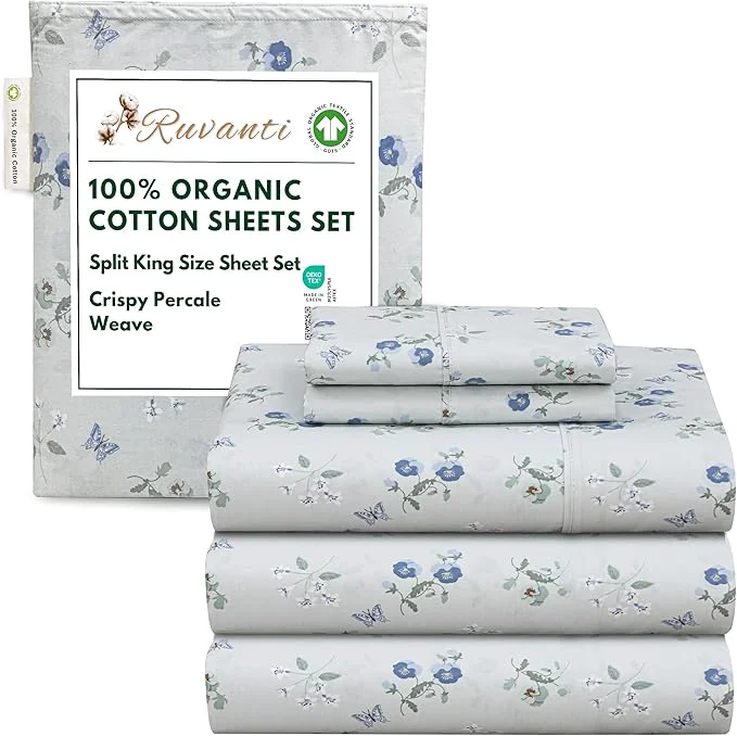 Advanced RUVANTI Organic Cotton Sheets Split King Percale Weave GOTS 5-Piece Set Deep Pocket 15 quot Crisp amp Breathable Soft Durable Bedding Sábanas Algodón Orgánico – Butter Flight Unique