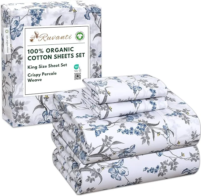 First-Class RUVANTI Organic Cotton Sheets King Size Percale Weave GOTS 4-Piece Set Deep Pocket 15 quot Crisp amp Breathable Soft Durable Bedding Sábanas Algodón Orgánico – Deluxe Long-Lasting