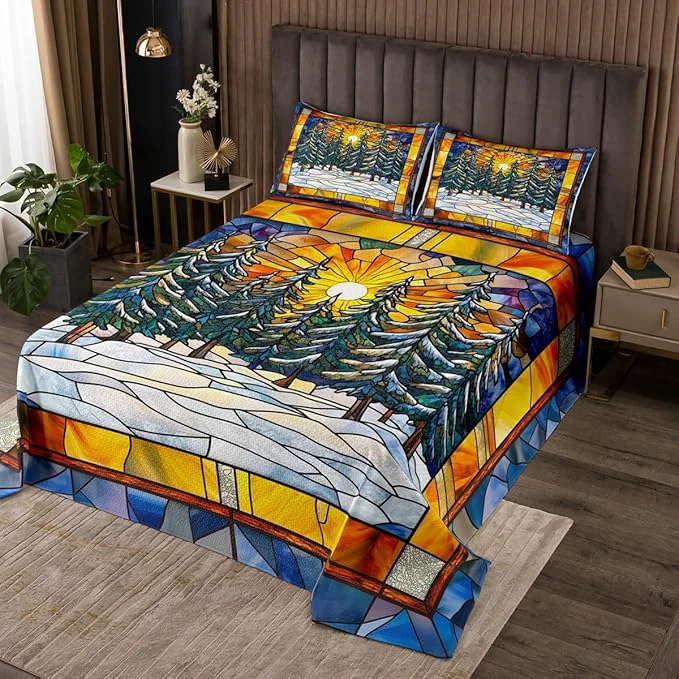 Dependable Pine Tree Kid Bedspread King Size Merry Christmas Tree Sunrise Rustic Farmhouse Coverlet Set Boys Girls Room Decor Geometric Plaid Patchwork Quilted Coverlet Blue Xmas Bedding Quilt 2 Pillowcases Artisan