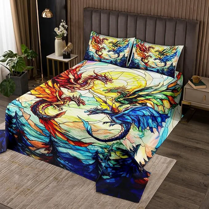 Quality Western Dragon Men Bedspread Queen Size Flying Dragon Wing Pine Trees Rustic Coverlet Set Boys Girls Room Decor Geometric Patchwork Abstract Quilted Coverlet Blue Trippy Bedding Quilt 2 Pillowcases Proven