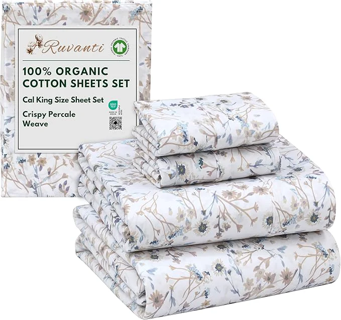 Solid RUVANTI Organic Cotton Sheets California King Percale Weave GOTS 4-Piece Set Deep Pocket 13 quot Crisp amp Breathable Soft Durable Bedding Sábanas Algodón Orgánico – Tranquil Functional