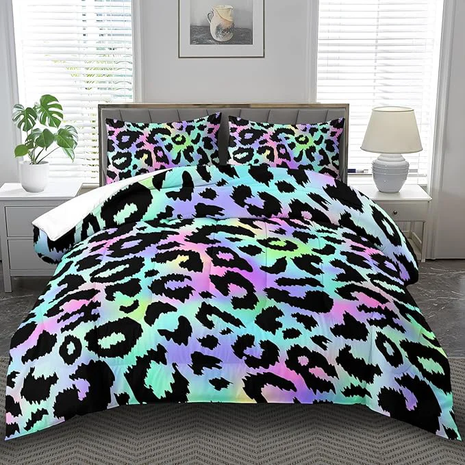 Elegant Rainbow Leopard Print Comforter Set Full Girls Colorful Cheetah Comforter Full Animal Leopard Print Bedding Set Women Purple Cheetah Bedding Quilt Bedroom Decor First-Class