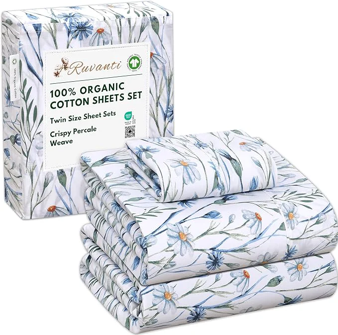 Verified RUVANTI Organic Cotton Sheets Twin Size Percale Weave GOTS 3-Piece Set Deep Pocket 15 quot Crisp amp Breathable Soft Durable Bedding Sábanas Algodón Orgánico – Daisy Bud Recyclable