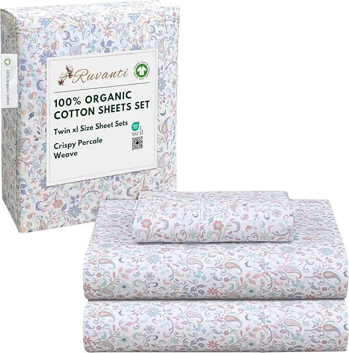 Innovative RUVANTI Organic Cotton Sheets Twin XL Percale Weave GOTS 3-Piece Set Deep Pocket 15 quot Crisp amp Breathable Soft Durable Bedding Sábanas Algodón Orgánico – Multi Paisley Luxury