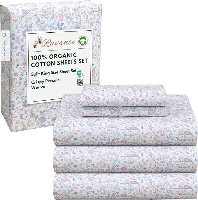 Elegant RUVANTI Organic Cotton Sheets Split King Percale Weave GOTS 5-Piece Set Deep Pocket 15 quot Crisp amp Breathable Soft Durable Bedding Sábanas Algodón Orgánico – Multi Paisley Specialty