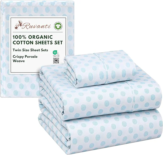 RUVANTI Organic Cotton Sheets Twin Size Percale Weave GOTS 3-Piece Set Deep Pocket 15 quot Crisp amp Breathable Soft Durable Bedding Sábanas Algodón Orgánico – Circle Imprint High-Quality