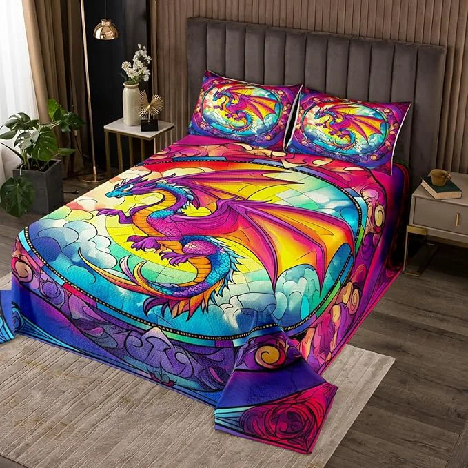 Certified Flying Dragon Kids Bedspread Queen Size Western Wing Dragon Cloud Gothic Coverlet Set Boys Girls Room Decor Geometric Abstract Modern Quilted Coverlet Colorful Vintage Bedding Quilt 2 Pillowcases User-Friendly