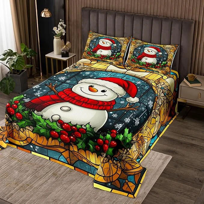 Original Cartoon Snowman Kid Bedspread King Size Merry Christmas Happy New Year Snowflake Coverlet Set Boys Girls Room Decor Poinsettia Flower Plaids Quilted Coverlet Xmas Cute Bedding Quilt 2 Pillowcases Effective