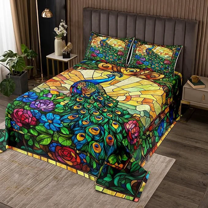 Dependable Peacock Kids Bedspread King Size Rose Flowers Feather Wild Animals Rustic Coverlet Set Boys Girls Room Decor Geometric Grids Abstract Quilted Coverlet Green Retro Chic Bedding Quilt 2 Pillowcases Refined