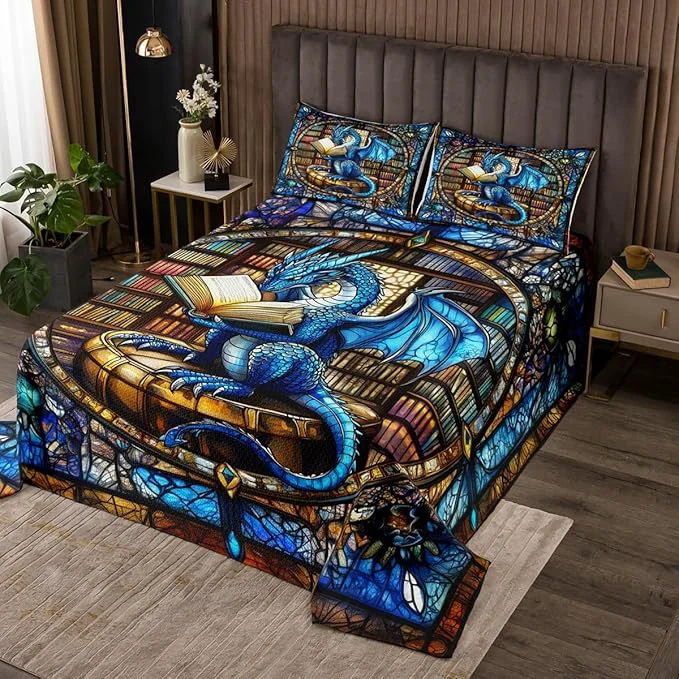 Trusted Western Dragon Kids Bedspread Twin Size Blue Dragon Reading Book Bookshelf Coverlet Set Boys Girls Room Decor Geometric Patchwork Abstract Quilted Coverlet Trippy Chic Bedding Quilt 1 Pillowcase Premium