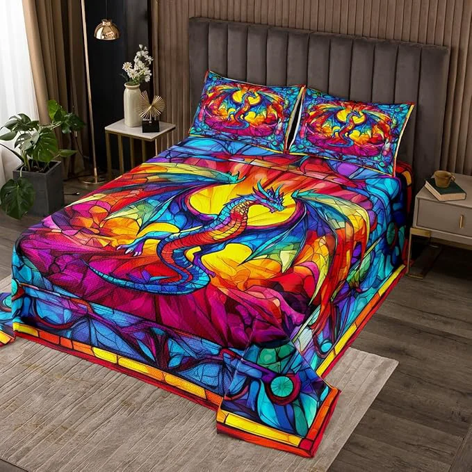 Powerful Flying Dragon Kids Bedspread Twin Size Western Wing Dragon Gothic Halloween Coverlet Set Boys Girls Room Decor Geometric Abstract Modern Quilted Coverlet Rainbow Retro Bedding Quilt 1 Pillowcase Original Design