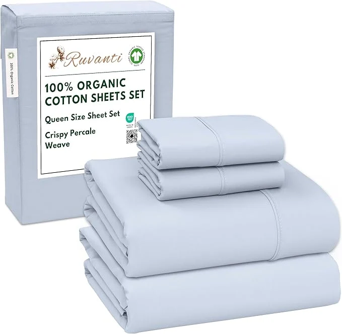 Secure RUVANTI Organic Cotton Sheets Queen Size Percale Weave GOTS 4-Piece Set Deep Pocket 15 quot Crisp amp Breathable Soft Durable Bedding Sábanas Algodón Orgánico – Arctic Ice Optimized