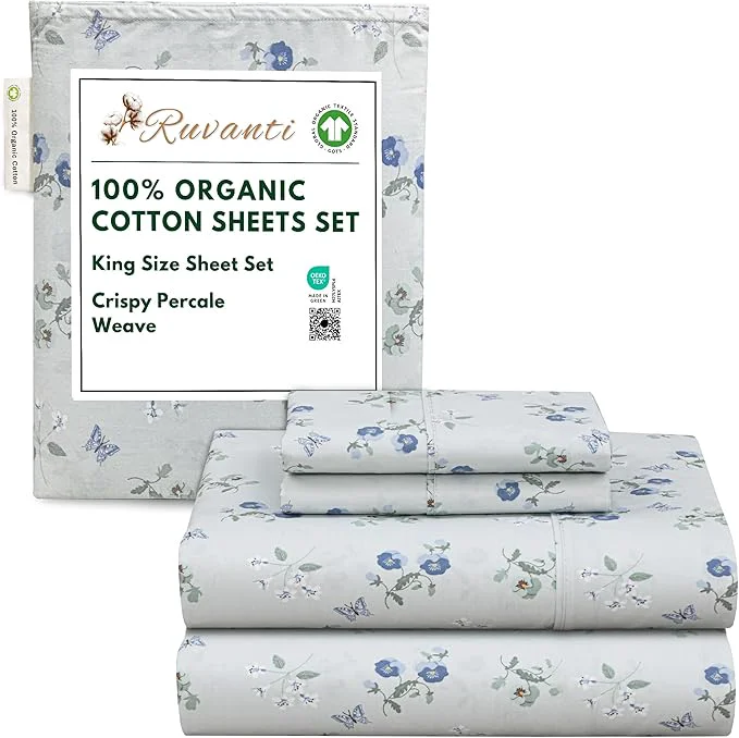 Dependable RUVANTI Organic Cotton Sheets King Size Percale Weave GOTS 4-Piece Set Deep Pocket 15 quot Crisp amp Breathable Soft Durable Bedding Sábanas Algodón Orgánico – Butter Flight Lightweight