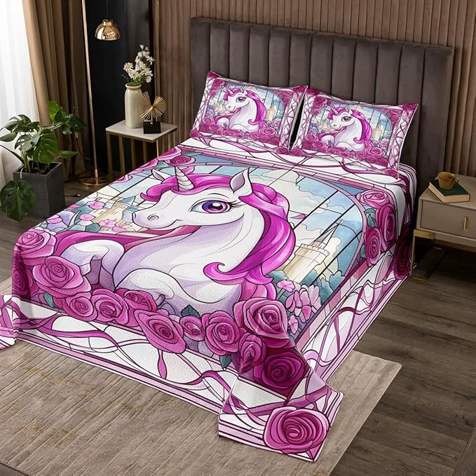 Casual Cartoon Unicorn Kids Bedspread Twin Size Rose Flowers Tale Castle Princess Coverlet Set Boys Girls Room Decor Geometric Stripe Animal Quilted Coverlet Pink Romantic Bedding Quilt 1 Pillowcase Prestigious