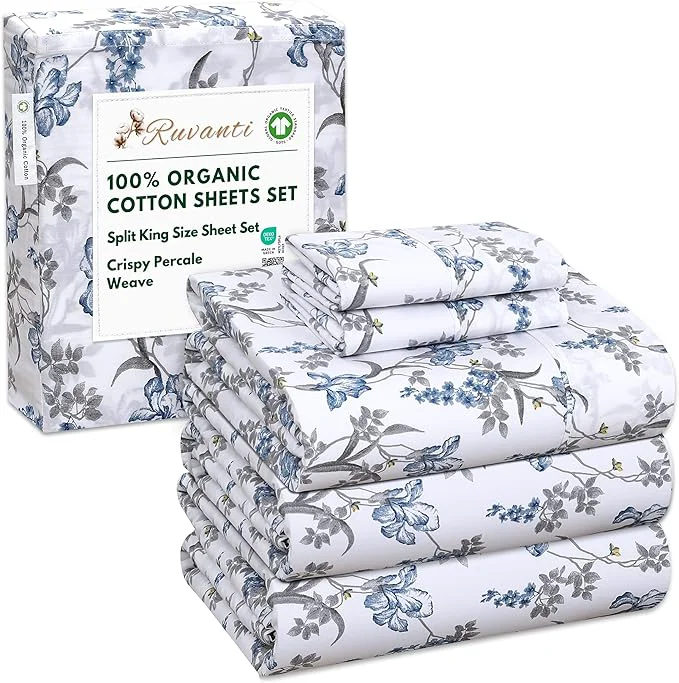 Lightweight RUVANTI Organic Cotton Sheets Split King Percale Weave GOTS 5-Piece Set Deep Pocket 15 quot Crisp amp Breathable Soft Durable Bedding Sábanas Algodón Orgánico – Deluxe Solid