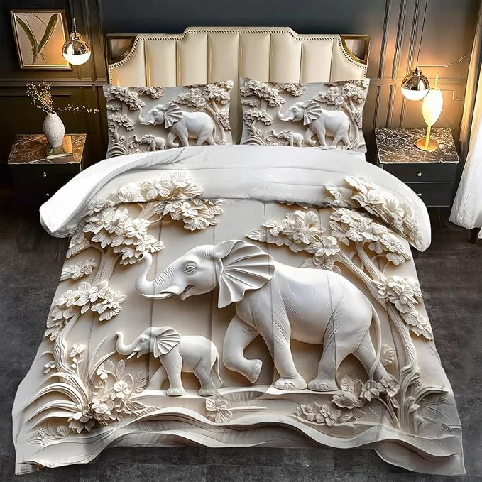 Exclusive Elephant Comforter Set Twin Adult White Animal Bedding Set Twin for Man Cute Animal Comforter for Kids Elephant Quilt Pattern White Bedroom Decor Womens Relief Bedding Elegant