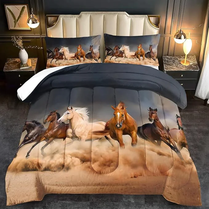 Premium Western Horse Comforter Set King for Boys Brown Western Cowboy Bedding Sets King Size Farm Style Animal Horse Quilt for Boys Southwestern Farmhouse Home Cowgirl Comforter Bedroom Decor Minimalist
