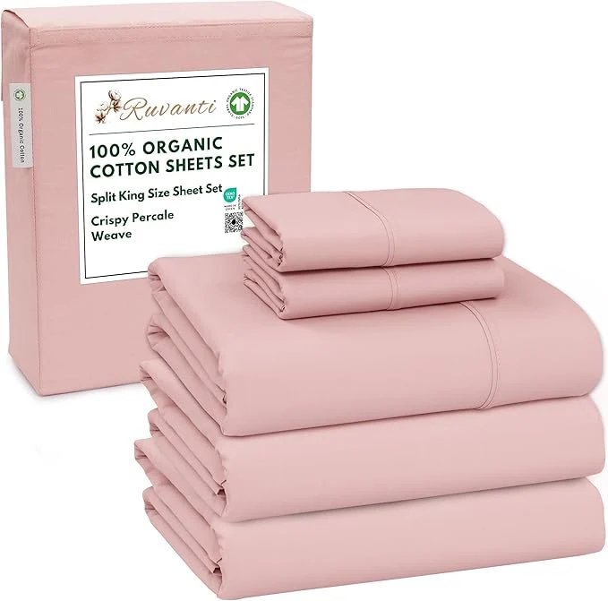 Contemporary RUVANTI Organic Cotton Sheets Split King Percale Weave GOTS 5-Piece Set Deep Pocket 15 quot Crisp amp Breathable Soft Durable Bedding Sábanas Algodón Orgánico – Peach Skin Clean
