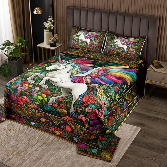 Versatile Cartoon Unicorn Wing Kids Bedspread King Size Daisy Flowers Leaves Rustic Coverlet Set Boys Girls Room Decor Tale Castle Animal Boho Quilted Coverlet Watercolor Retro Bedding Quilt 2 Pillowcases Natural