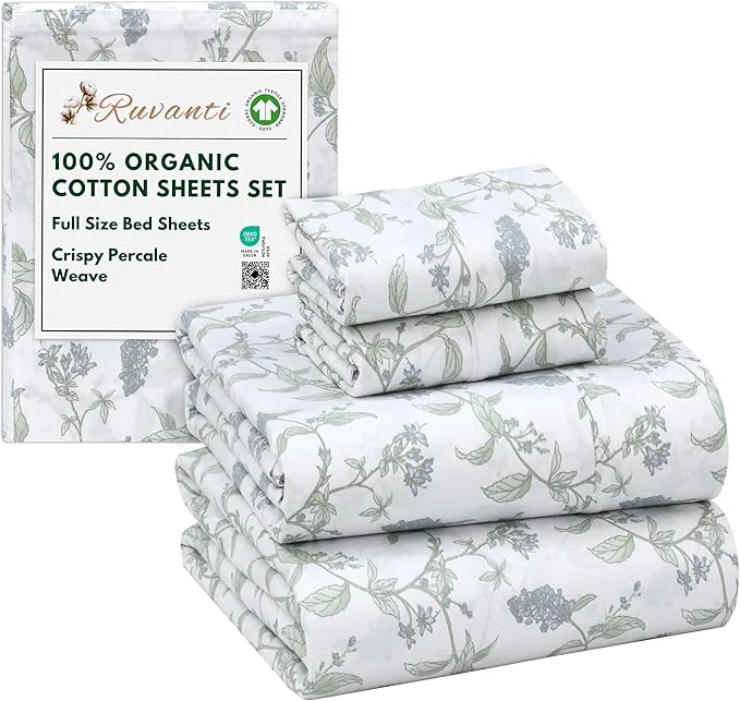 Pure RUVANTI Organic Cotton Sheets Full Size Percale Weave GOTS 4-Piece Set Deep Pocket 15 quot Crisp amp Breathable Soft Durable Bedding Sábanas Algodón Orgánico – Vine Yard Premium