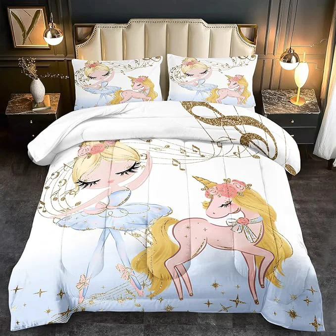Authentic Golden Unicorn Girls Comforter Set Full Kawaii Unicorn Bedding Set Full Cute Horse Comforter Girls Bedroom Decor White Animal Print Bedding Bed Decor Animal Print Quilt Carefully Designed